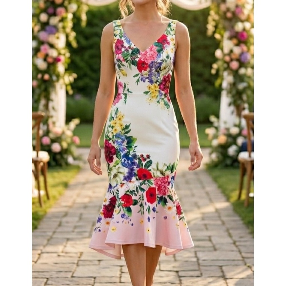 Venus Floral Rhinestone Mermaid Hem Midi Dress White Pink Womens Size Medium